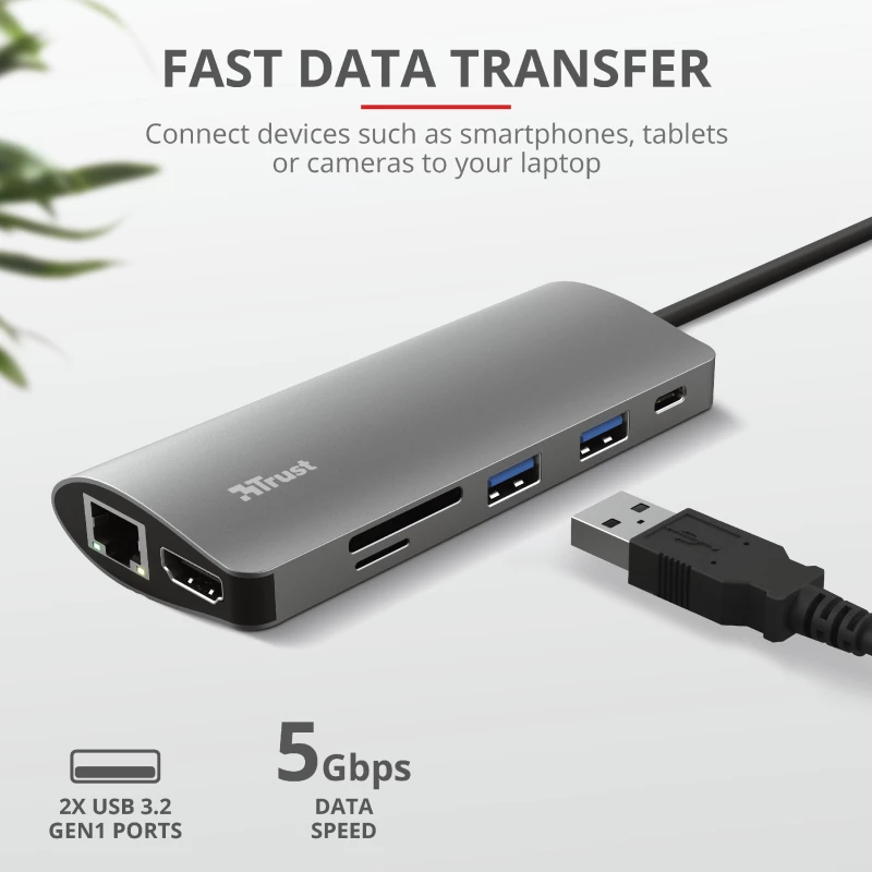 Trust Dalyx 23775 viacportový adaptér USB-C 7 v 1, USB-C 3.2, HDMI, RJ-45 Gigabit Ethernet, čítačka kariet SD/microSD, strieborný