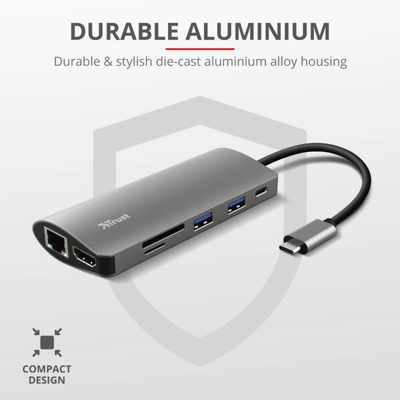 Trust Dalyx 23775 viacportový adaptér USB-C 7 v 1, USB-C 3.2, HDMI, RJ-45 Gigabit Ethernet, čítačka kariet SD/microSD, strieborný