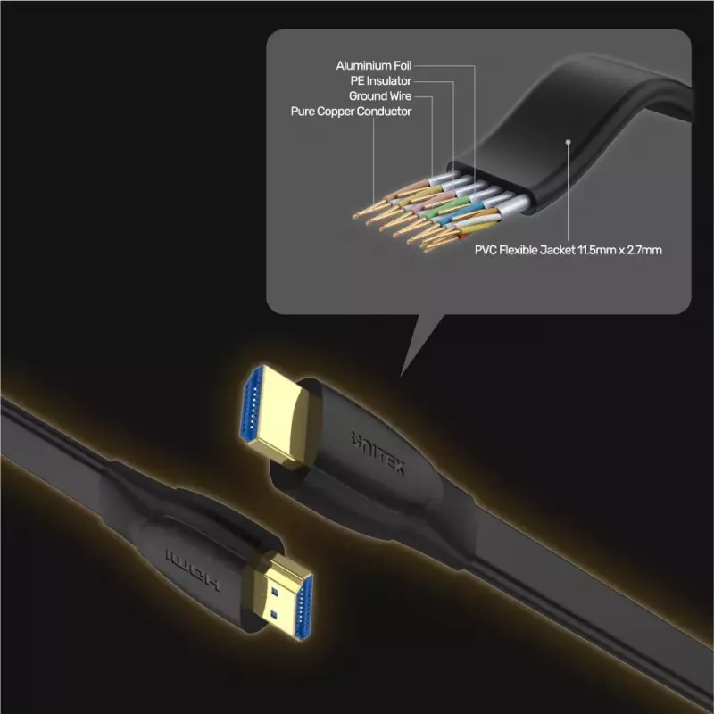 HDMI kábel Unitek C11063BK-2M 2 m, HDMI 2.0, 18 Gbit/s, 4K@60Hz, ARC, plochý čierny
