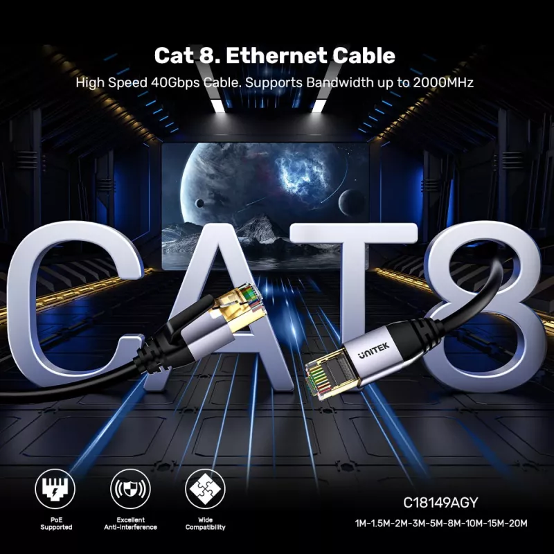Unitek ethernetový kábel RJ-45 LAN Cat.8 (S/FTP) 1 m