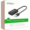 Externý USB 2.0 audio adaptér UGREEN 30724 — 2.0 stereo, výstup na slúchadlá, vstup na mikrofón, 0,15 m kábel, čierny