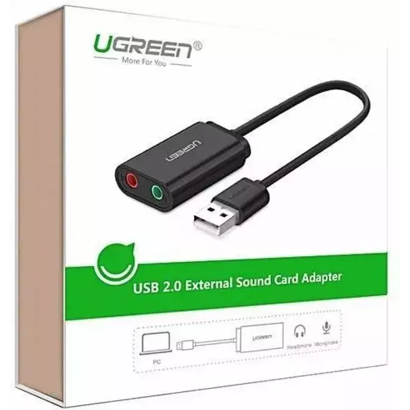 Externý USB 2.0 audio adaptér UGREEN 30724 — 2.0 stereo, výstup na slúchadlá, vstup na mikrofón, 0,15 m kábel, čierny