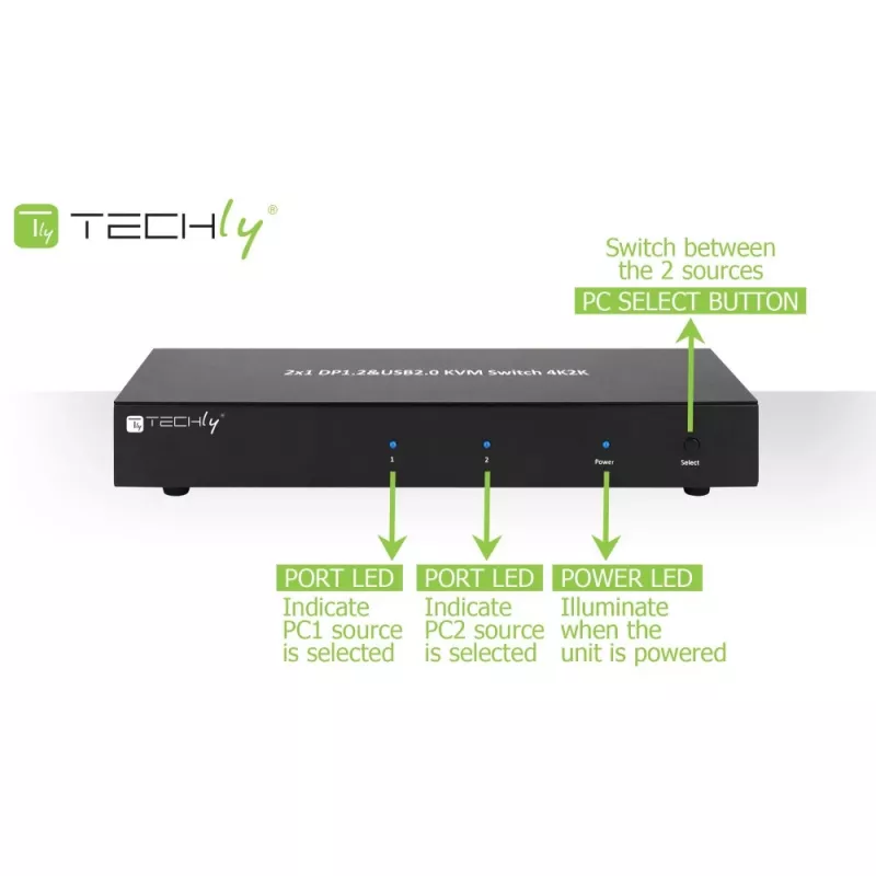Techly IDATA DP-KVM2 KVM prepínač čierny