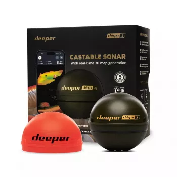 deeper Smart Sonar CHIRP+3 Wi‑Fi prenosný rybársky sonar — bezdrôtový sonar na vhadzovanie, max. hĺbka 100 m, uhol kužeľa 47°/20°/7°, Wi‑Fi, GPS/GLONASS
