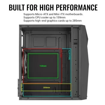 PC skriňa AEROCOOL Raider Mini G V3 Mini-ITX / microATX, čierna, bočné okno, zelená LED, max. GPU 285 mm, CPU chladič 159 mm