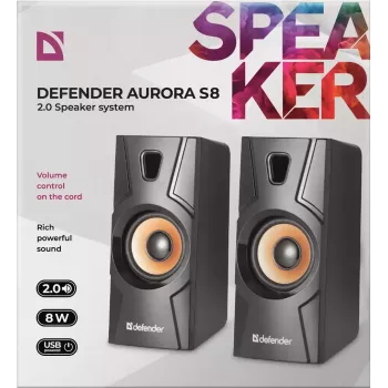 Káblový stolový reproduktor DEFENDER Aurora S8 — 2.0, 8 W RMS, napájanie USB, 3,5 mm, čierny