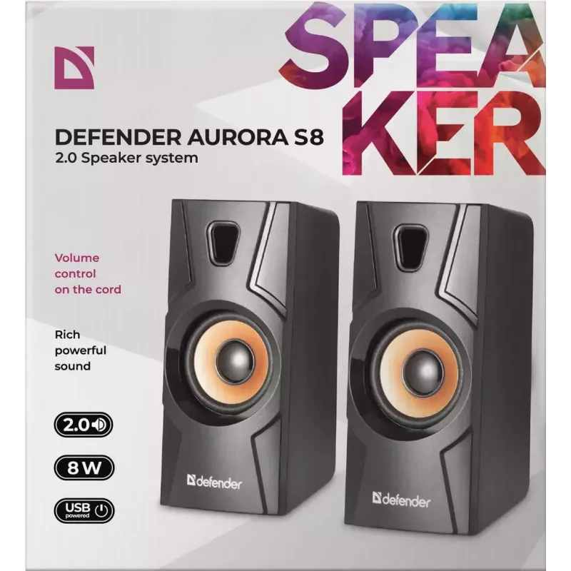 Káblový stolový reproduktor DEFENDER Aurora S8 — 2.0, 8 W RMS, napájanie USB, 3,5 mm, čierny
