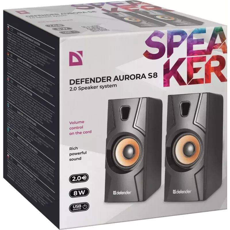 Káblový stolový reproduktor DEFENDER Aurora S8 — 2.0, 8 W RMS, napájanie USB, 3,5 mm, čierny
