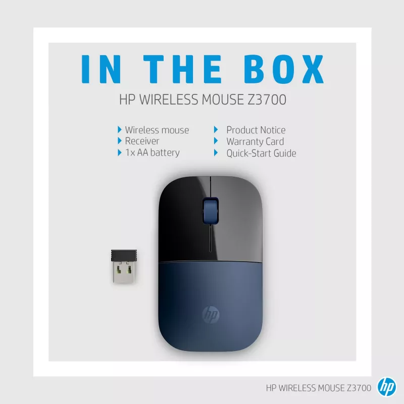 HP bezdrôtová myš Z3700, obojručná, Blue LED, RF Wireless, 1200 DPI, čierna, modrá