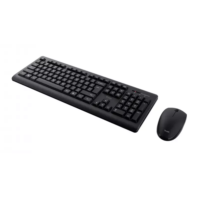 Bezdrôtová sada klávesnice a myši TRUST Primo — Full-Size QWERTY US-anglická klávesnica, RF USB-A prijímač, 1200 DPI optická myš, čierna