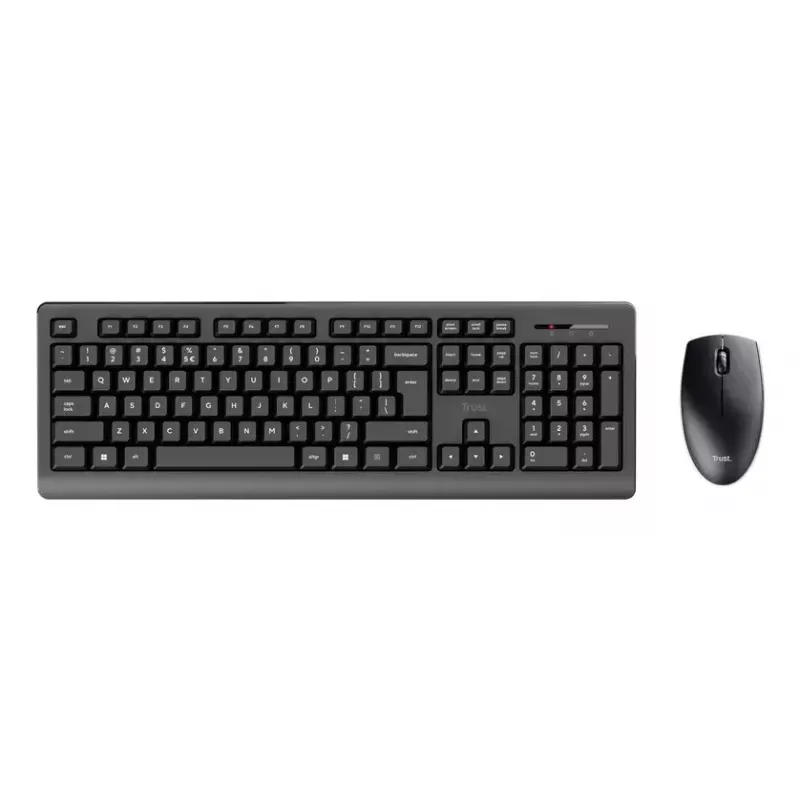 Bezdrôtová sada klávesnice a myši TRUST Primo — Full-Size QWERTY US-anglická klávesnica, RF USB-A prijímač, 1200 DPI optická myš, čierna