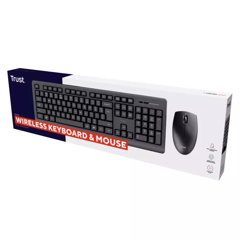 Bezdrôtová sada klávesnice a myši TRUST Primo — Full-Size QWERTY US-anglická klávesnica, RF USB-A prijímač, 1200 DPI optická myš, čierna