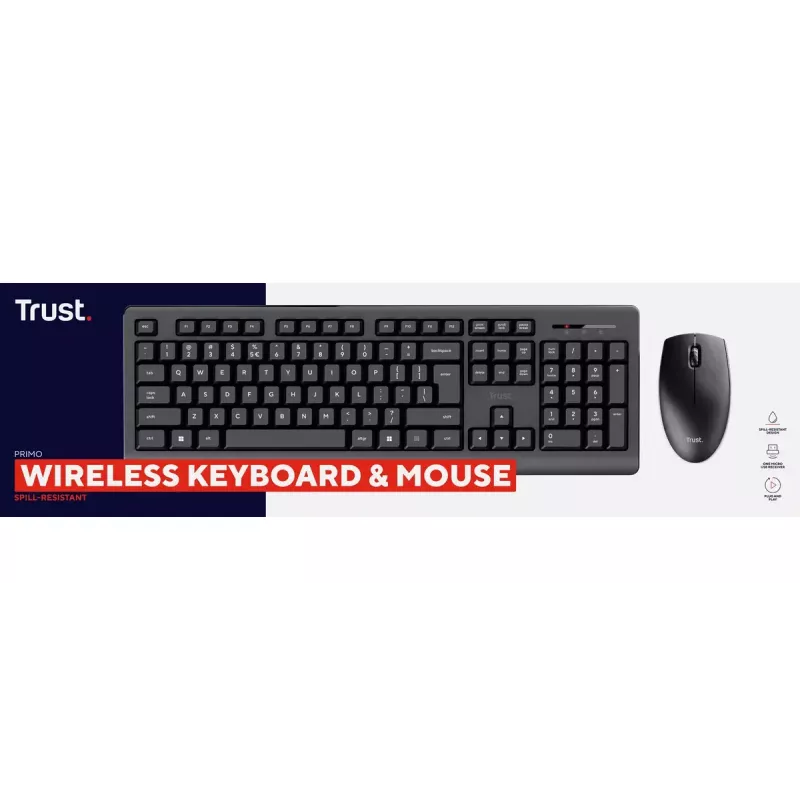 Bezdrôtová sada klávesnice a myši TRUST Primo — Full-Size QWERTY US-anglická klávesnica, RF USB-A prijímač, 1200 DPI optická myš, čierna