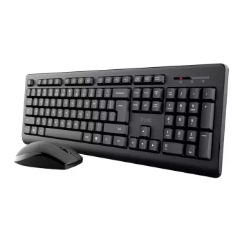 Bezdrôtová sada klávesnice a myši TRUST Primo — Full-Size QWERTY US-anglická klávesnica, RF USB-A prijímač, 1200 DPI optická myš, čierna