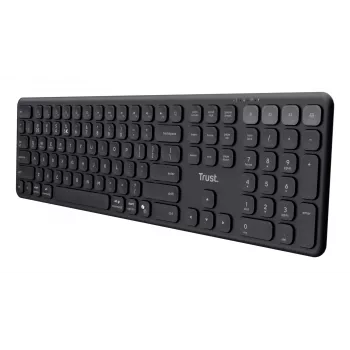 TRUST Vaiya univerzálna klávesnica, USB, RF Wireless, Bluetooth – Full-Size, US-anglická, USB-C nabíjanie, nožnicové klávesy, numerický blok, čierna