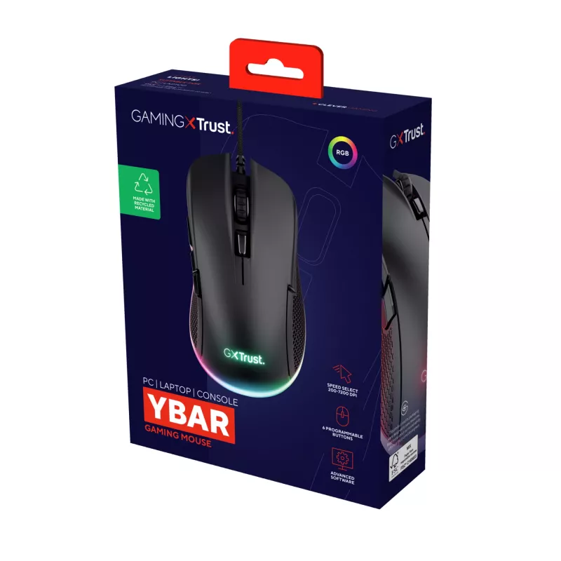Trust GXT 922 YBAR gaming myš pre pravákov, USB Type-A, optická, 7200 DPI
