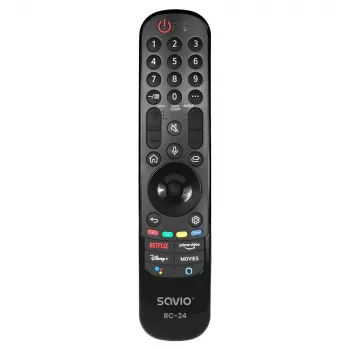 Diaľkový ovládač SAVIO RC-24 IR bezdrôtový univerzálny pre TV, čierny, tlačidlá, dosah 10 m, podporuje 1 zariadenie
