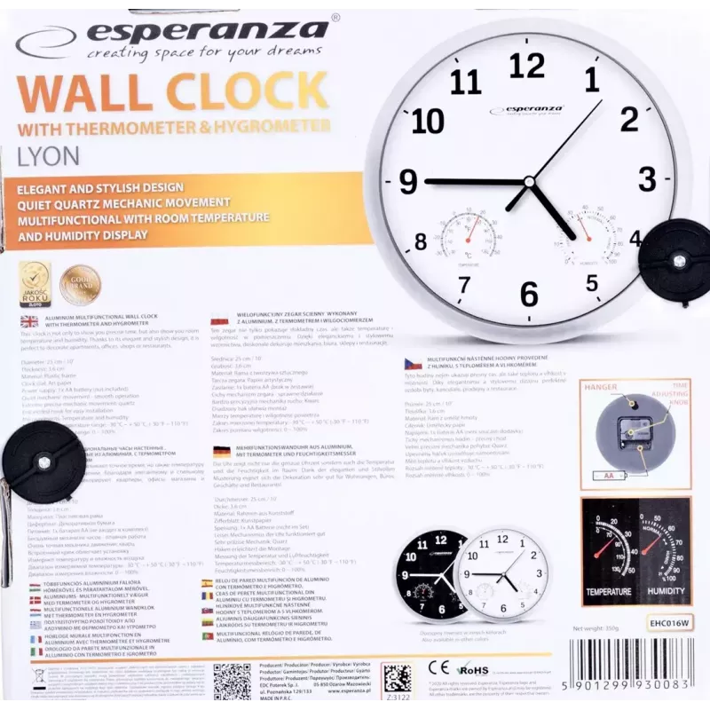 Nástenné kremenné hodiny Esperanza Lyon EHC016K, okrúhle, čierne