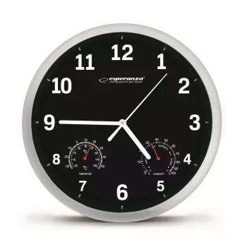 Nástenné hodiny ESPERANZA EHC016K Lyon čierne, priemer 25 cm, tichý hodinový strojček, sklenený kryt, plastový rám