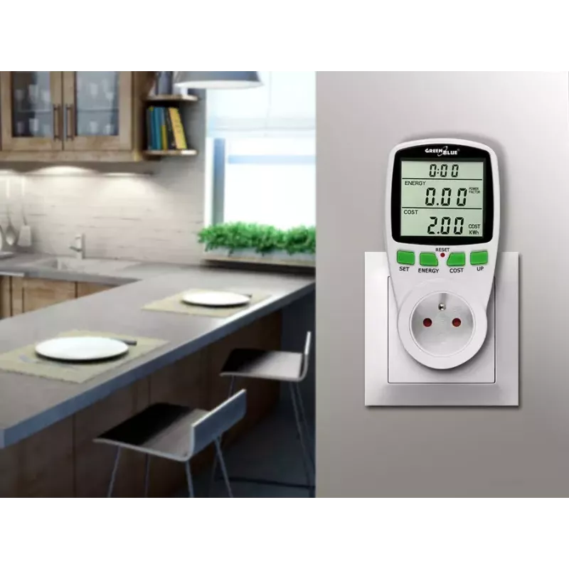 Wattmeter GreenBlue GB202 merač výkonu 0–9999 W, 3600 W max, 220–240 V, 16 A, LCD displej
