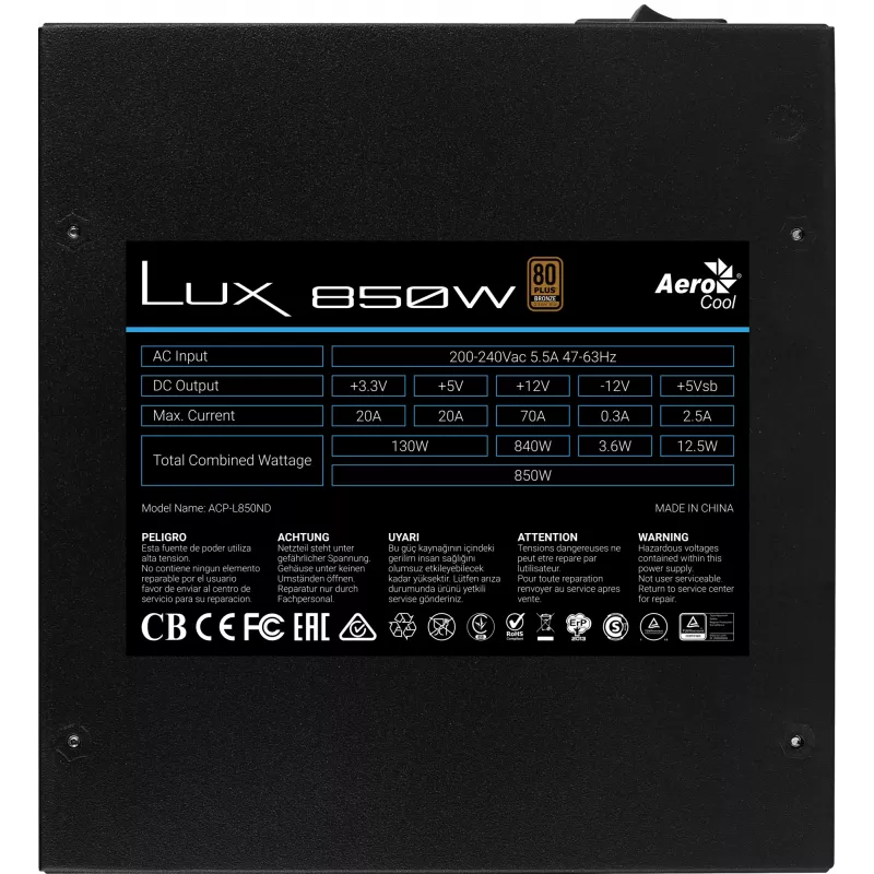 Aerocool LUX850 PC napájací zdroj 850W 80 Plus Bronze 230V 88% účinnosť čierny