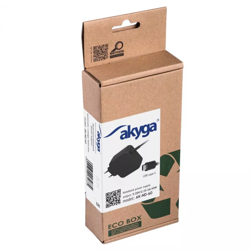 Akyga AK-ND-60 USB-C napájací zdroj pre notebook 45 W, Power Delivery, 5–20 V, 1,2 m
