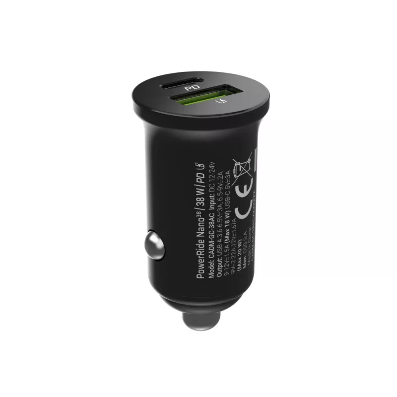 Auto nabíjačka Green Cell CADM-GC-38AC 38W, 1x USB-C (PD 3.0) + 1x USB-A, hliníkové puzdro, čierna