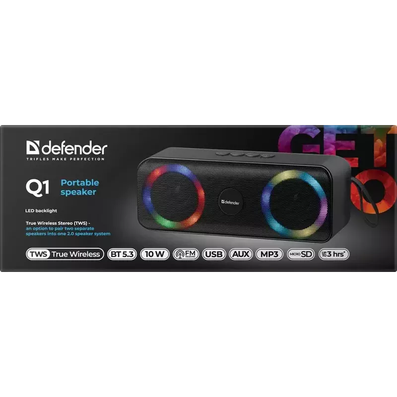 Prenosný Bluetooth mono reproduktor DEFENDER Q1 čierny, 10 W RMS, 1200 mAh, Bluetooth 5.0, MicroSD, FM, AUX, USB