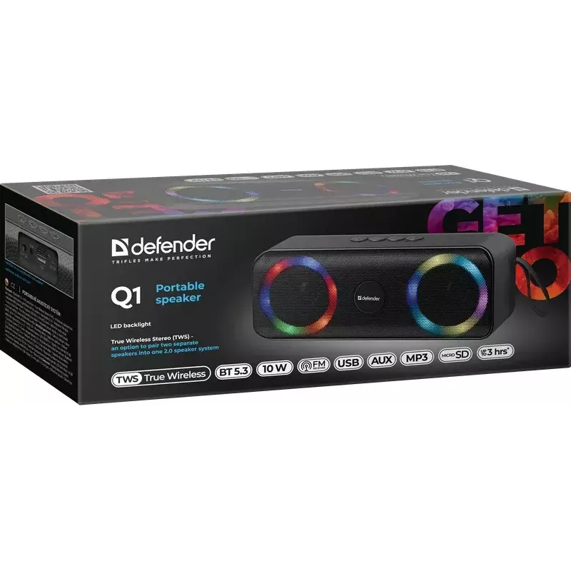 Prenosný Bluetooth mono reproduktor DEFENDER Q1 čierny, 10 W RMS, 1200 mAh, Bluetooth 5.0, MicroSD, FM, AUX, USB