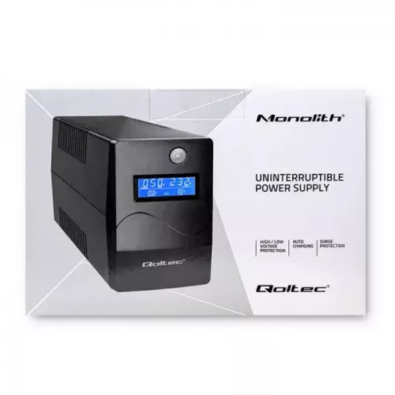 Qoltec Monolith 53979 záložný zdroj UPS, line-interactive, 850 VA / 480 W, 2 zásuvky Schuko, LCD, USB, RJ45