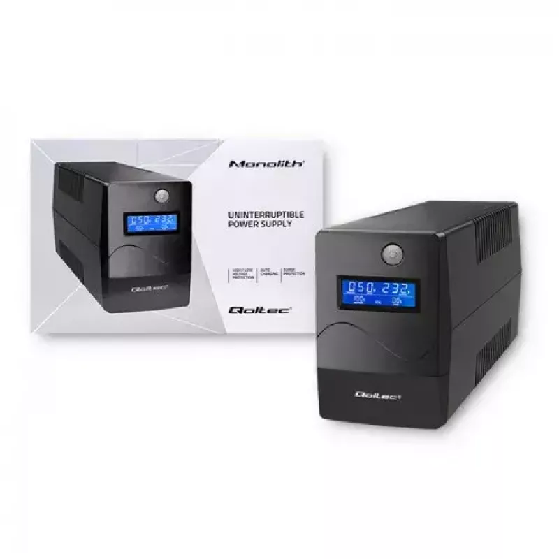Qoltec Monolith 53979 záložný zdroj UPS, line-interactive, 850 VA / 480 W, 2 zásuvky Schuko, LCD, USB, RJ45