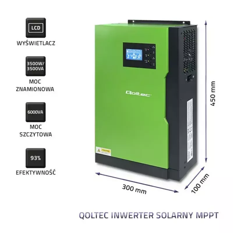 Qoltec 53886 hybridný solárny menič off-grid, 3,5 kW, 100 A MPPT, 24 V, čistý sínus