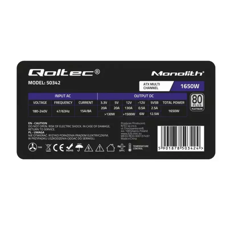 Napájací zdroj Qoltec 50342 1650W