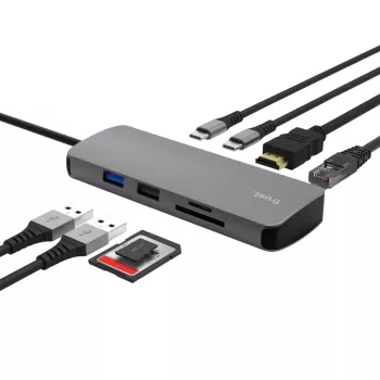 USB Type-C hub TRUST 25672 — HDMI, RJ-45, USB 3.2 Gen 1 Type-A/Type-C, SD/MicroSD, sivý