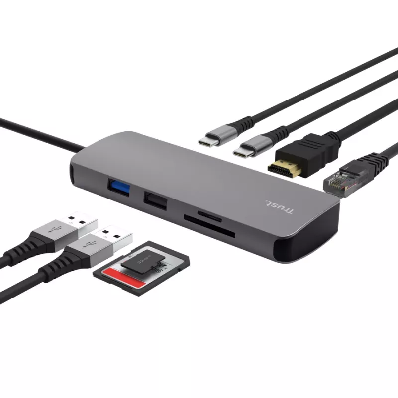 USB Type-C hub TRUST 25672 — HDMI, RJ-45, USB 3.2 Gen 1 Type-A/Type-C, SD/MicroSD, sivý