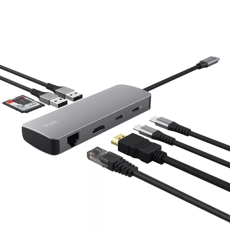 USB Type-C hub TRUST 25672 — HDMI, RJ-45, USB 3.2 Gen 1 Type-A/Type-C, SD/MicroSD, sivý