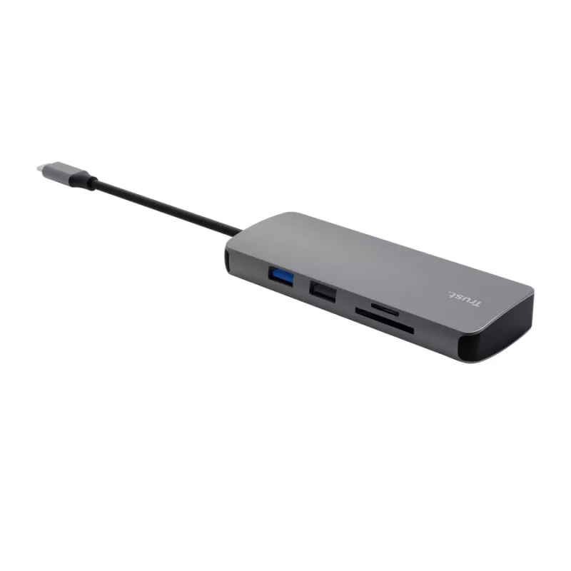 USB Type-C hub TRUST 25672 — HDMI, RJ-45, USB 3.2 Gen 1 Type-A/Type-C, SD/MicroSD, sivý