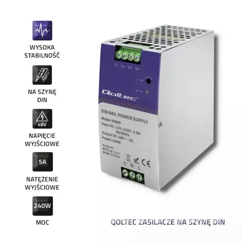 DIN lištový napájací zdroj QOLTEC 50999, 240W, 48V DC, 5A výstup