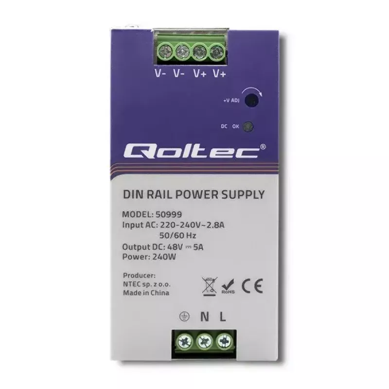 DIN lištový napájací zdroj QOLTEC 50999, 240W, 48V DC, 5A výstup