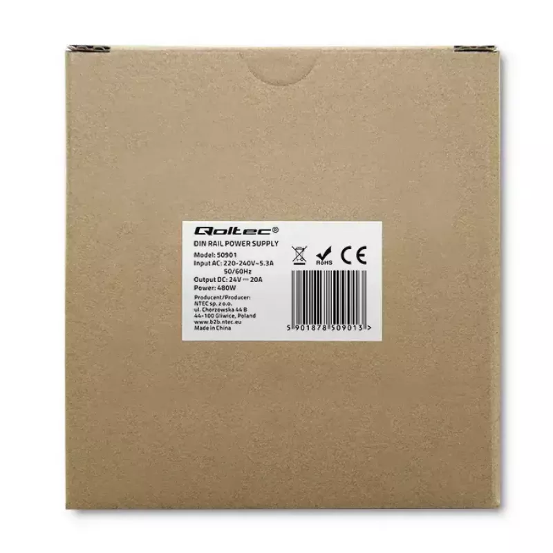Industriálny DIN lištový napájací zdroj QOLTEC 50901 — 480W, 24V DC, 20A
