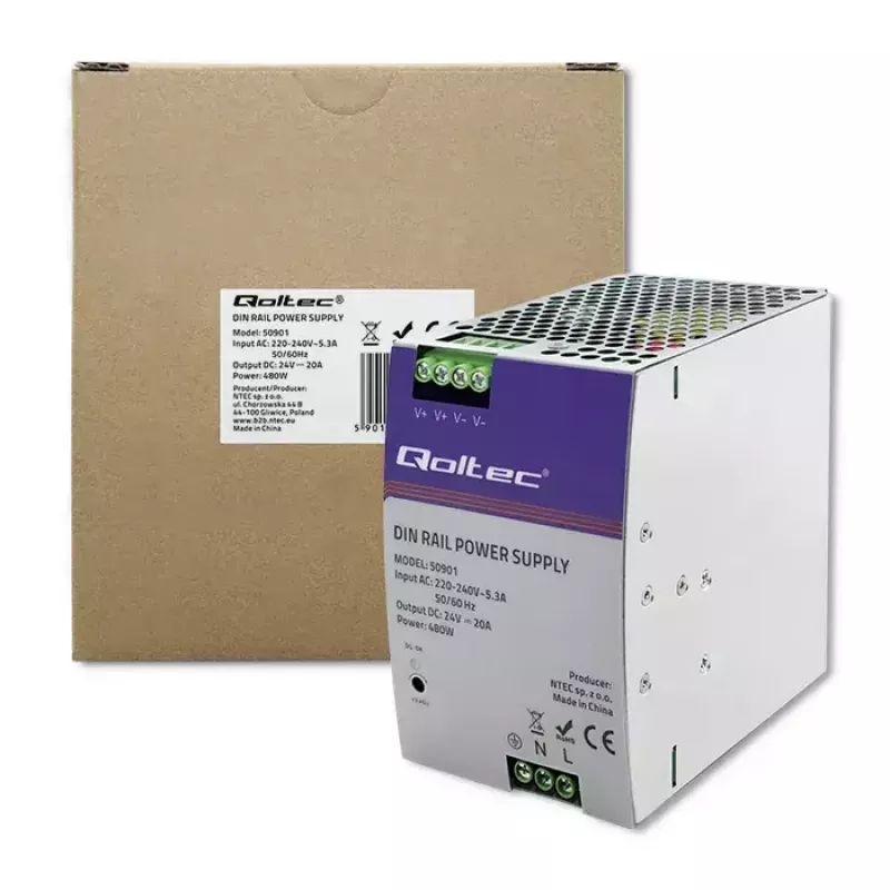 Industriálny DIN lištový napájací zdroj QOLTEC 50901 — 480W, 24V DC, 20A