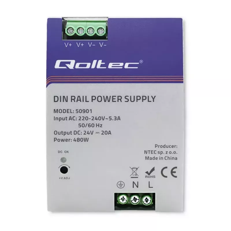 Industriálny DIN lištový napájací zdroj QOLTEC 50901 — 480W, 24V DC, 20A