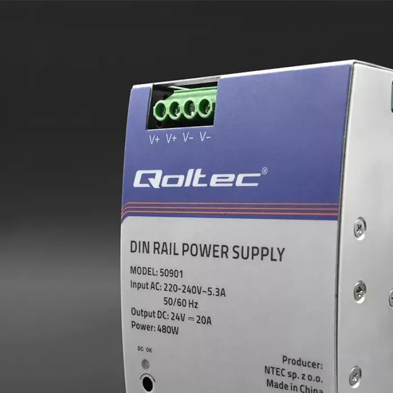 Industriálny DIN lištový napájací zdroj QOLTEC 50901 — 480W, 24V DC, 20A