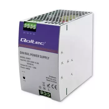 Industriálny DIN lištový napájací zdroj QOLTEC 50901 — 480W, 24V DC, 20A