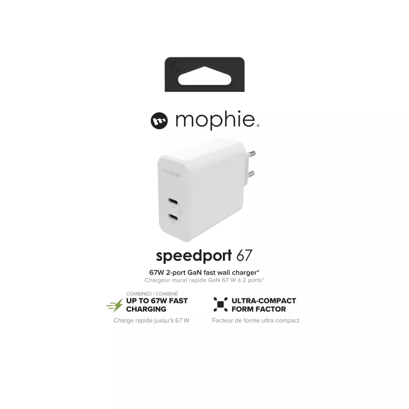 mophie príslušenstvo nástenný adaptér USB-C-PD-DUAL-67W-GAN-biely-EU (2xUSBC)