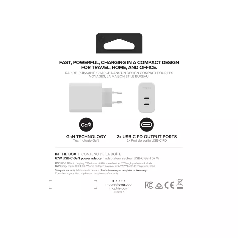 mophie príslušenstvo nástenný adaptér USB-C-PD-DUAL-67W-GAN-biely-EU (2xUSBC)
