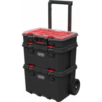 Skladovacie boxy Keter 250927 — sada 3 stohovateľných organizérov z technopolyméru s kolieskami a zámkom, 525×694×411 mm, čierna