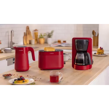 Hriankovač Bosch TAT2M124 — 2 plátky 950 W, červený, centrovanie chleba, rozmrazovanie, lift