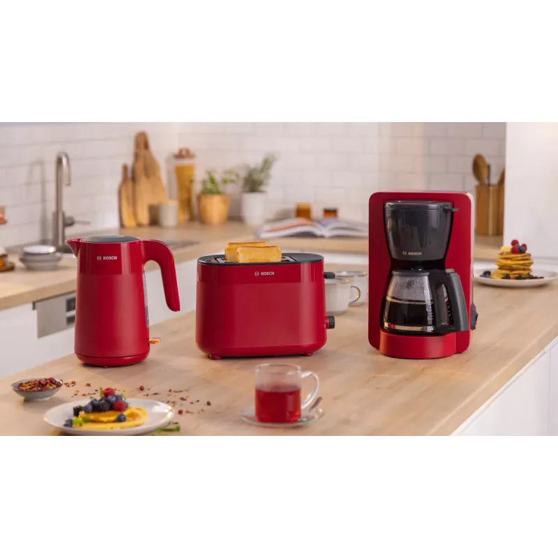 Hriankovač Bosch TAT2M124 — 2 plátky 950 W, červený, centrovanie chleba, rozmrazovanie, lift