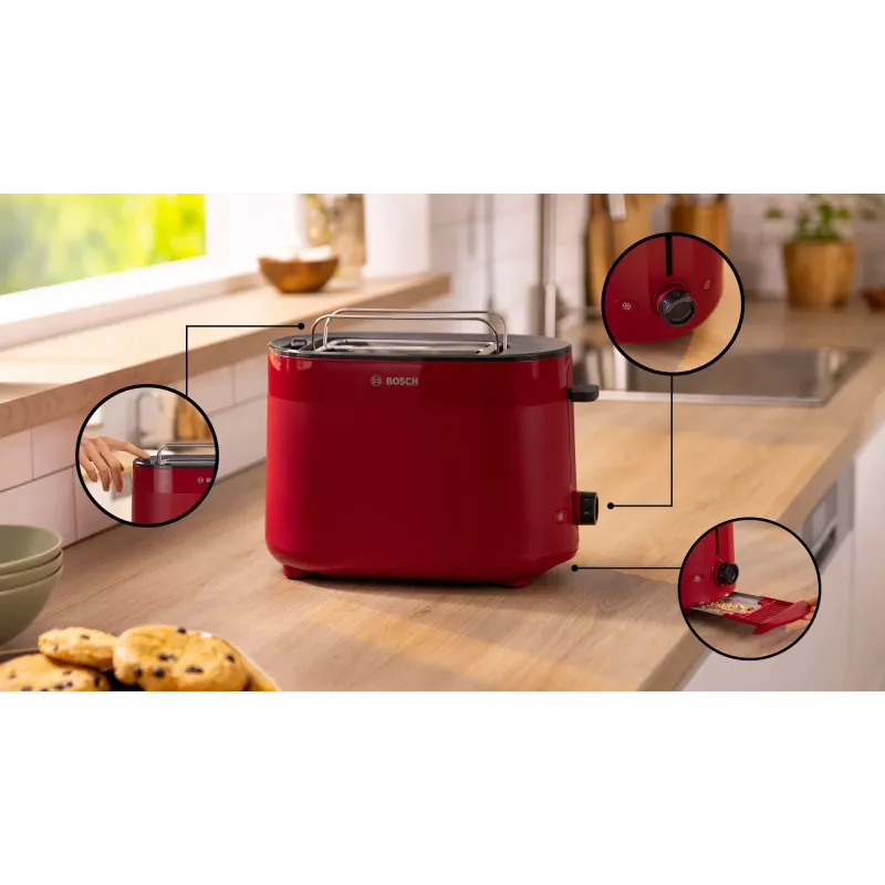 Hriankovač Bosch TAT2M124 — 2 plátky 950 W, červený, centrovanie chleba, rozmrazovanie, lift